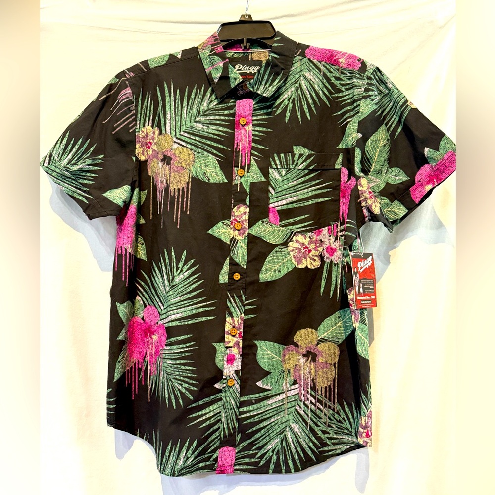 NWT - Plugg Black Hibiscus Floral Button-Down Tropical Design Shirt